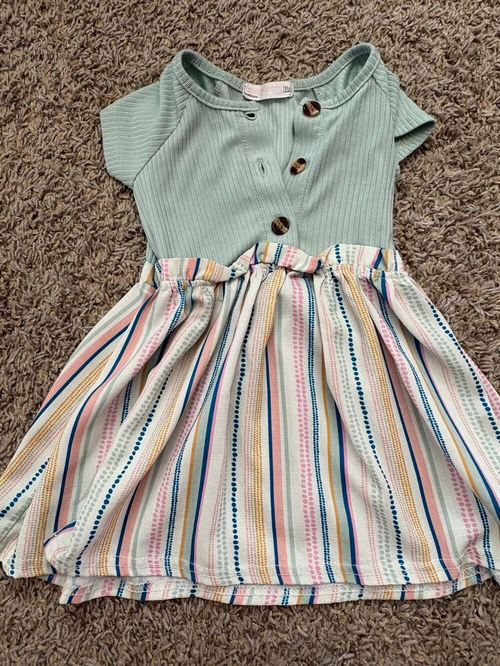 Young Hearts Baby Girl Ribbed Knit Button-Front Dress with Striped Pattern, 18M